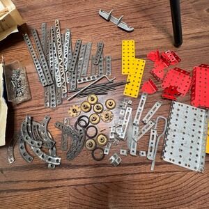 Vintage Gilbert Erector Set Parts Lot Metal Construction Toy Pieces Instructions